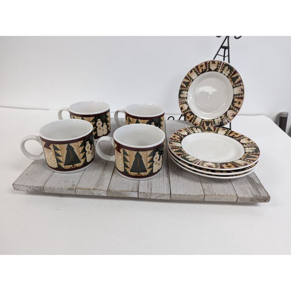 Sakura Majesticware Christmas Patch Leslie Beck 1999 Set of 4 Cups Saucers Mugs